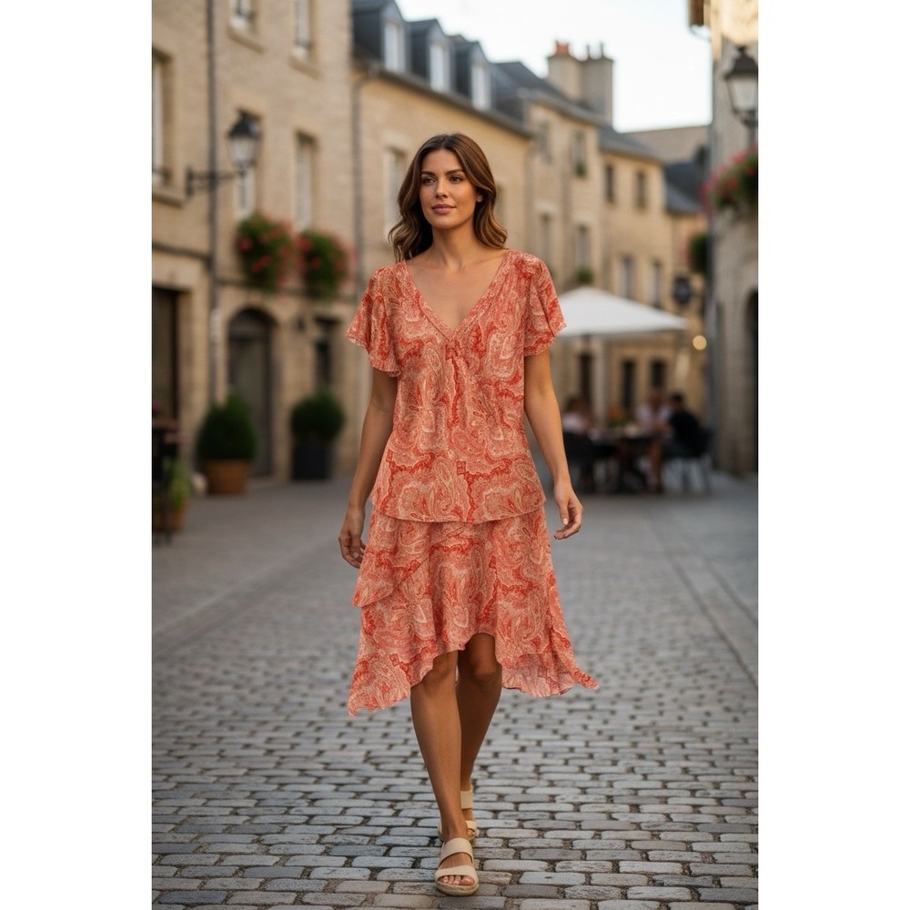 Studio One New York Dress Womens 20WP Fit&Flare Hi-Lo Paisley Orange 2pc Set